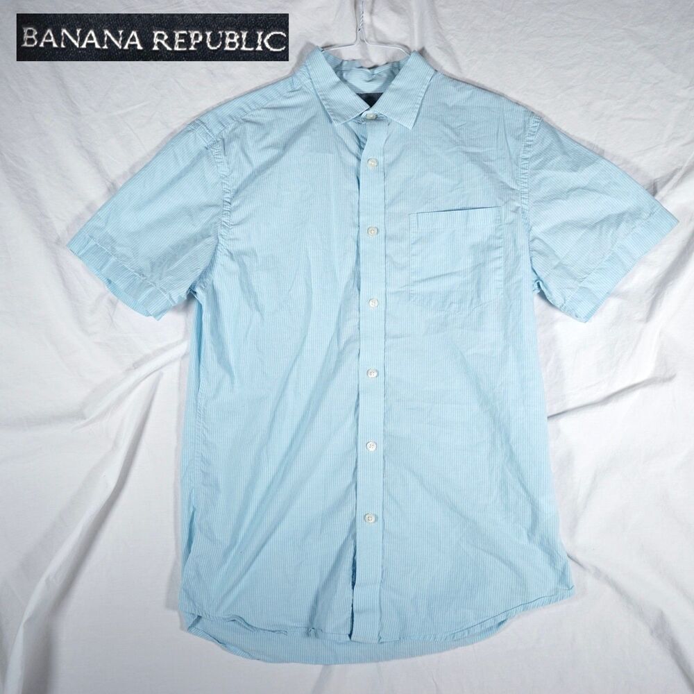 Banana Republic Button Up Short Sleeve Shirt Stretch Soft Wash Blue Medium